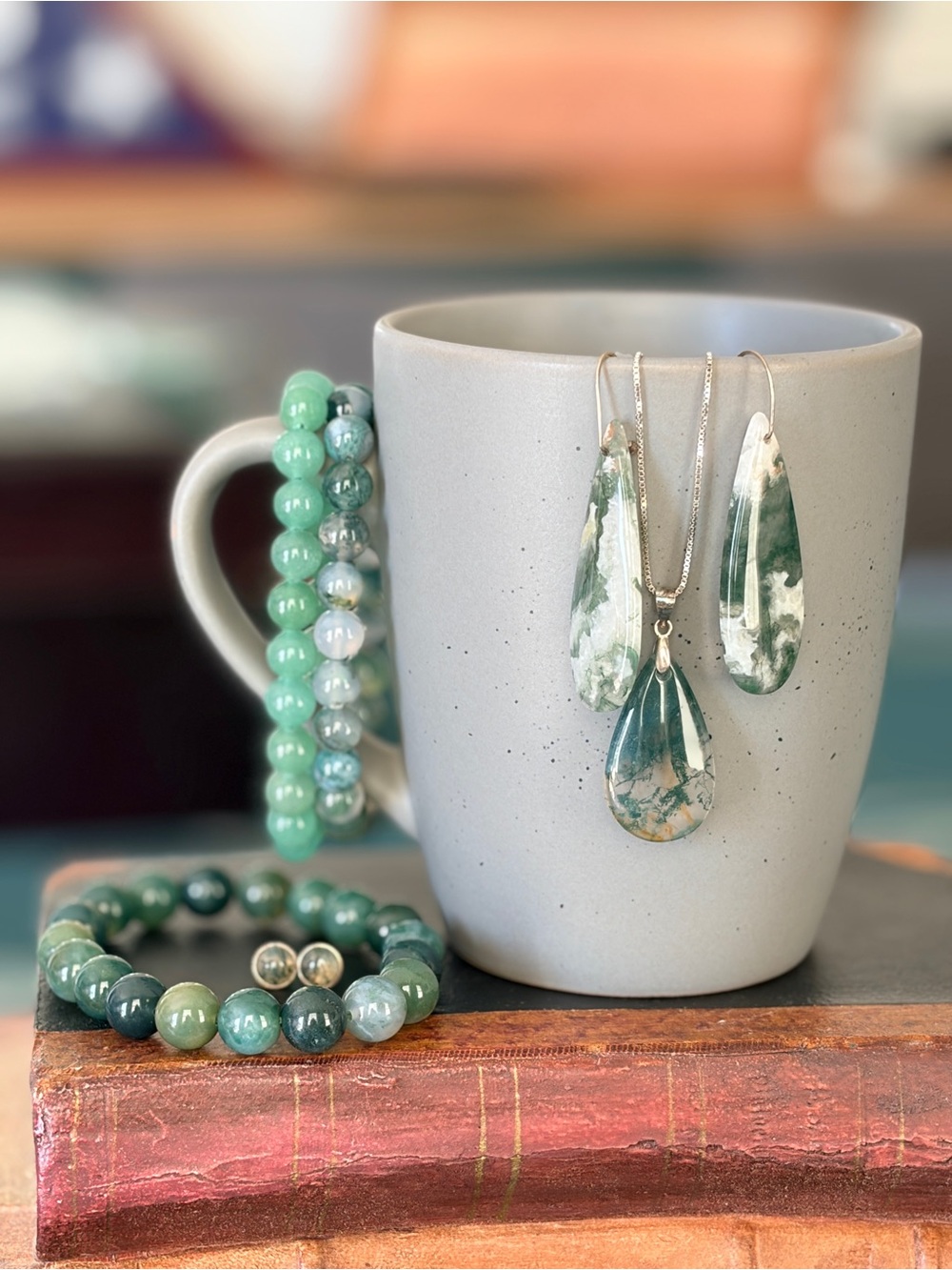 Green Moss Agate Teardrop Pendant Necklace and Earrings Set - Sterling silver